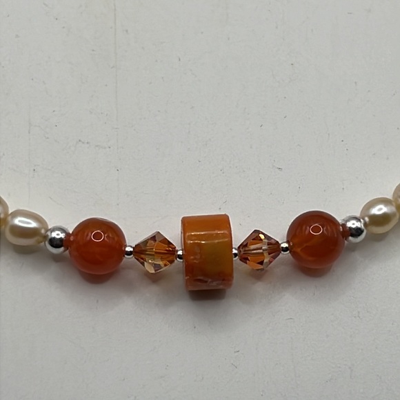 CORAL, FIRE AGATE, PEARL, CRYSTAL & STERLING SILVER ARTISAN CHOKER NECKLACE - Picture 3 of 11